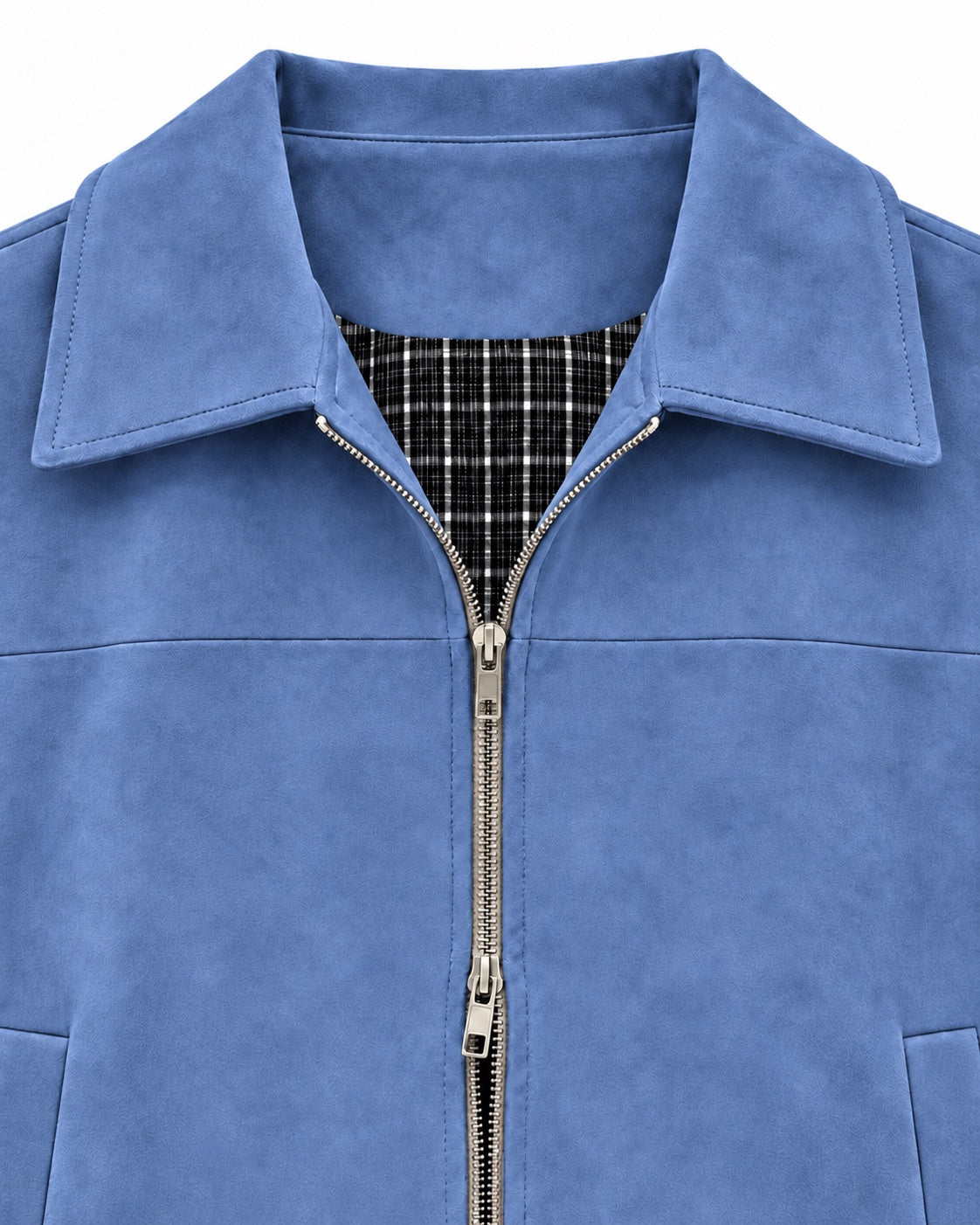 The Faux Suede Zip Jacket - blue collar detail