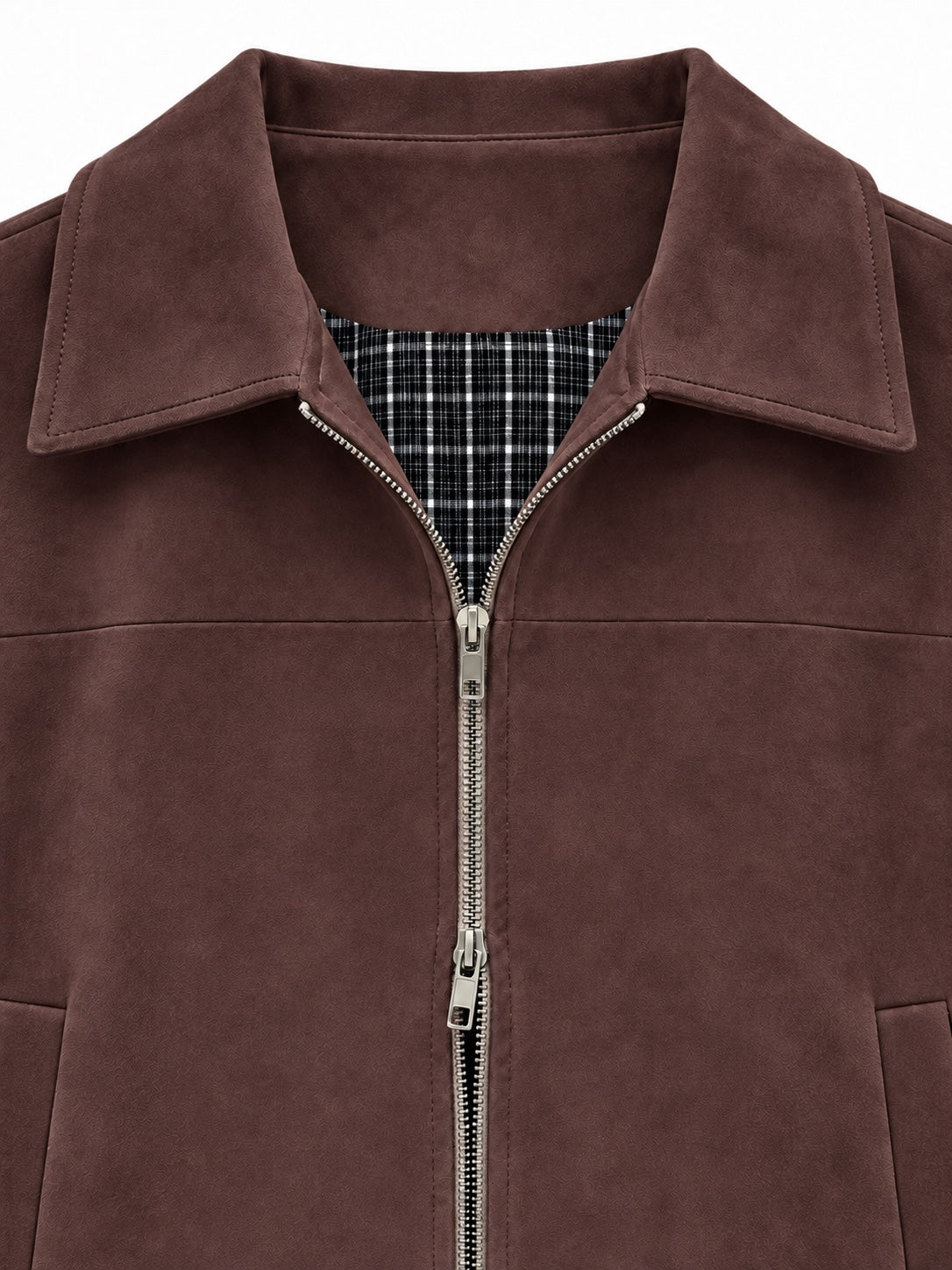 The Faux Suede Zip Jacket - brown collar detail