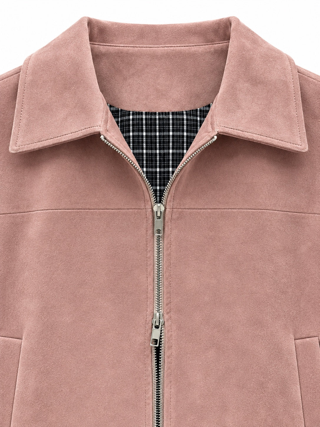 The Faux Suede Zip Jacket - pink collar detail