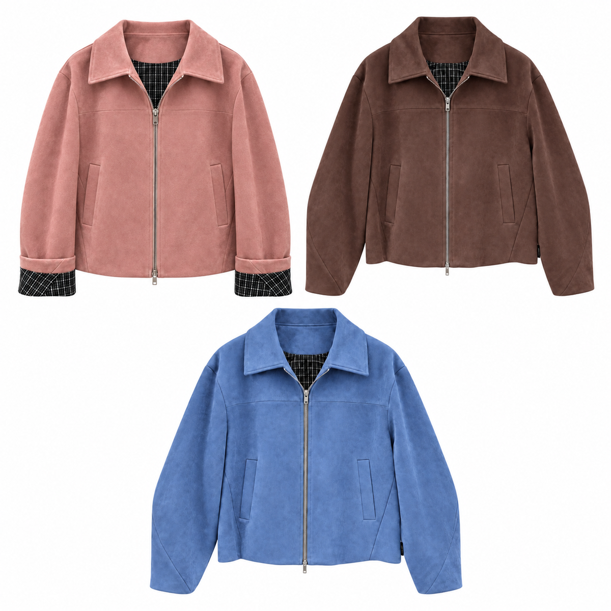 The Faux Suede Zip Jacket in Pink, Brown and Blue